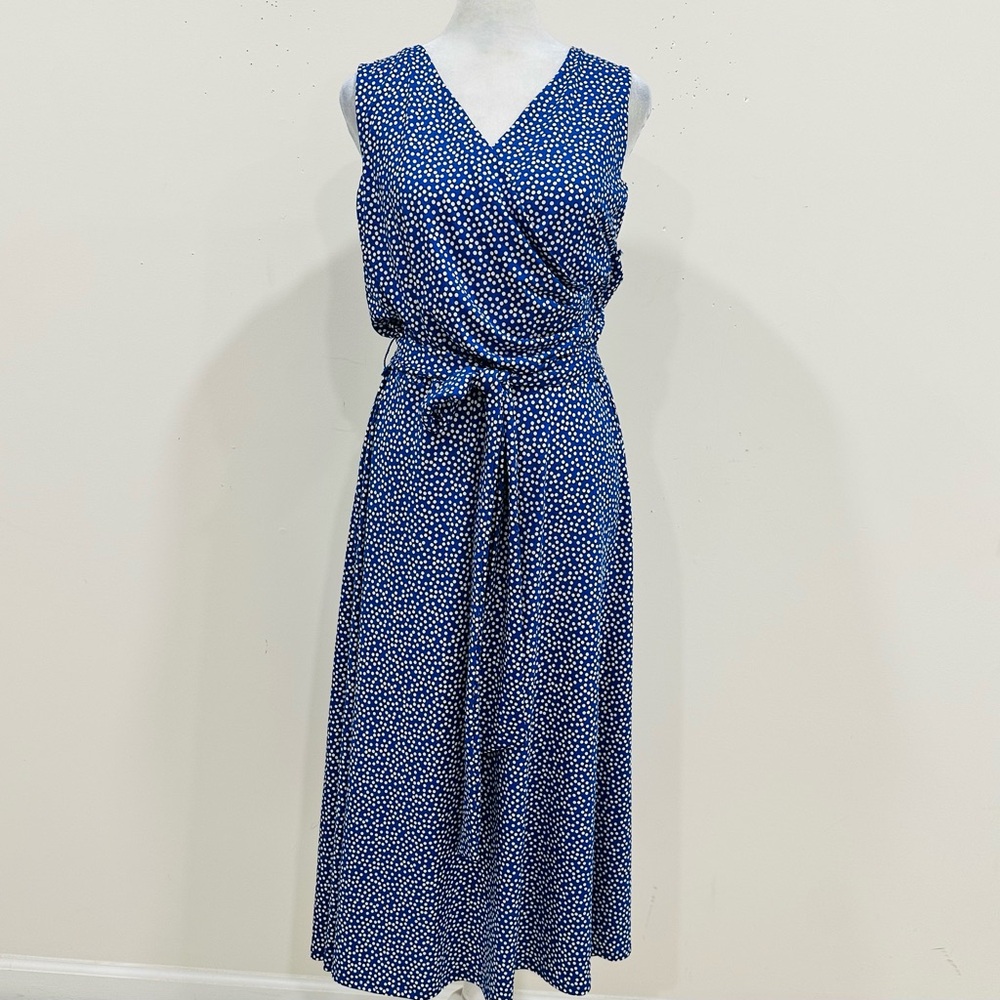 Neiman Marcus Navy Blue Polka Dot  Dress Sleeveless Wrap‎ Front Size 14 NWT